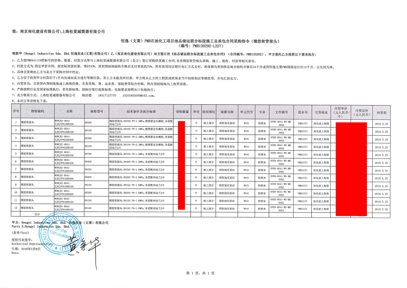 【恒逸文莱PMB石油化工项目】橡胶接头采购合同